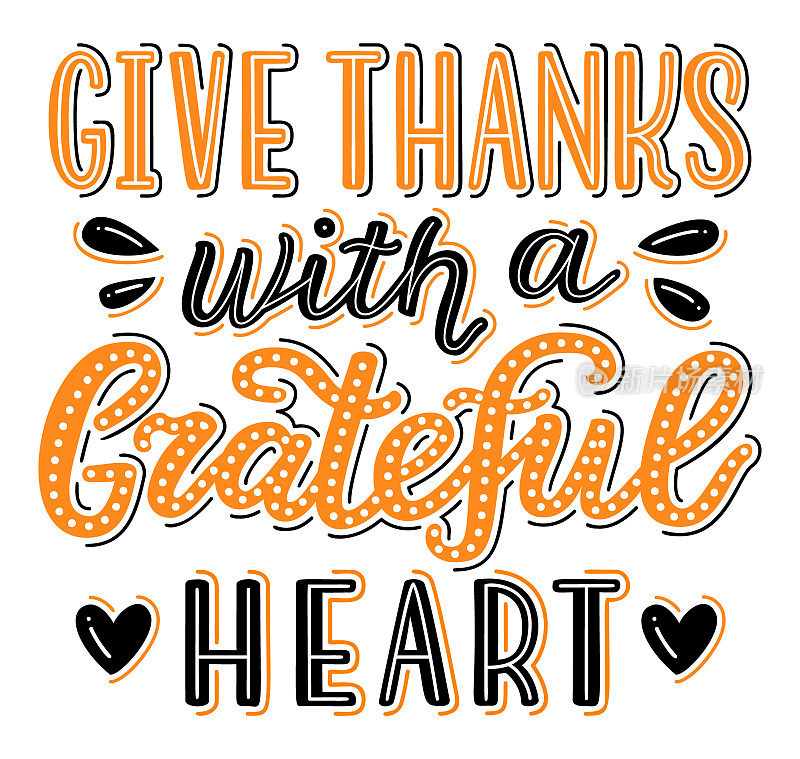 用一颗感恩的心感恩，手绘刻字标语海报。EPS 10矢量插图。